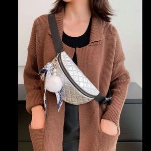 💙 Metallic Quilted Single Pocket Adjustable Strap Fanny Pack With Bag Charm